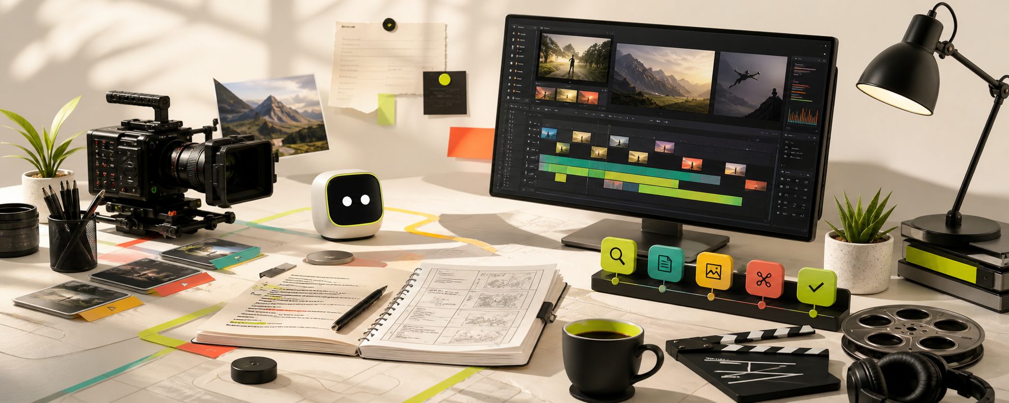 AI-assisted video production workspace with a camera, editing timeline, scripts, and review tools